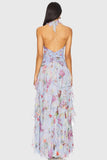 Floral Halter Ruched Ruffle Maxi Dress