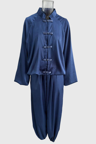 Tie Closure Stand Collar Wide Leg Pants Set