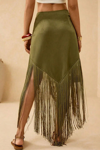 Fringe Tie-Waist Wrap Midi Skirt