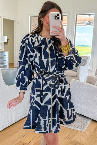 Zip-Front Puff Sleeve A-Line Mini Dress