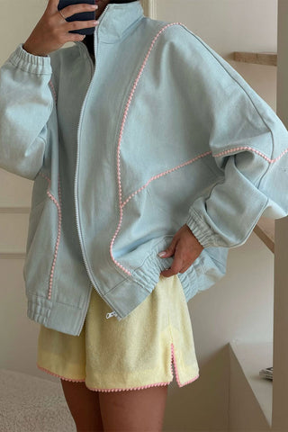 Pom-Pom Trim Zip-Up Mock Neck Jacket