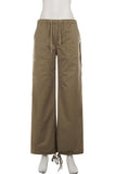 Drawstring Waist Wide-Leg Cargo Casual Pants