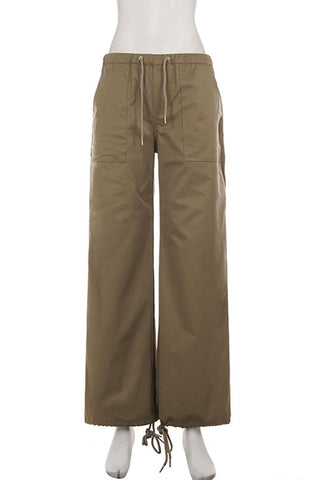 Drawstring Waist Wide-Leg Cargo Casual Pants