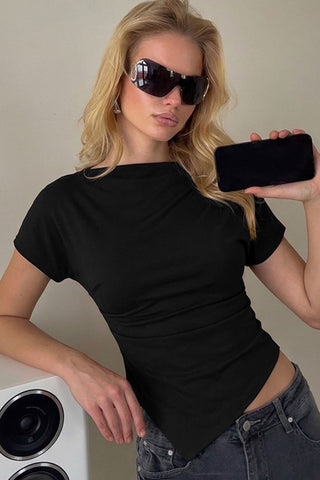 Ruched Asymmetrical Hem Short Sleeve Top