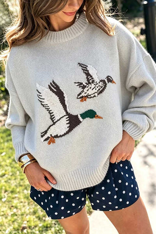Duck Intarsia Crew Neck Knit Sweater