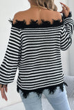 Striped Off-Shoulder Frayed Knit Sweater