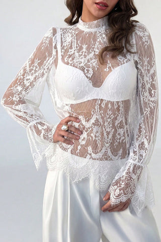 Lace Sheer Bell Sleeve Mock Neck Blouse