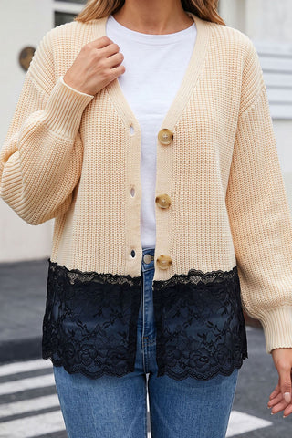 Lace Hem V-Neck Button Front Cardigan