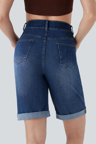 High-Waist Denim Bermuda Shorts