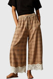 Plaid Drawstring Wide-Leg Lace Hem Casual Pants