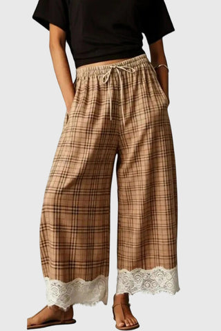 Plaid Drawstring Wide-Leg Lace Hem Casual Pants