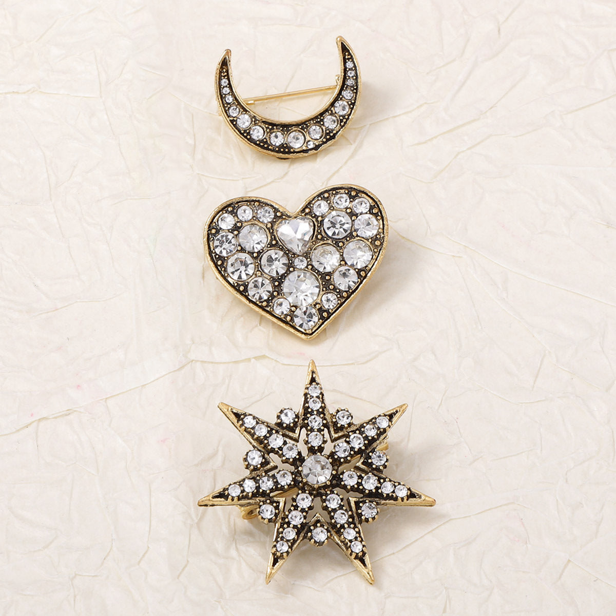 Crystal Star Moon Heart Brooch Set