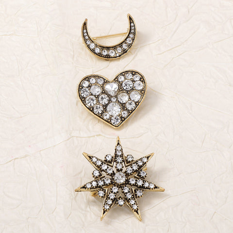 Crystal Star Moon Heart Brooch Set