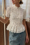 Lace Mandarin Collar Peplum Top