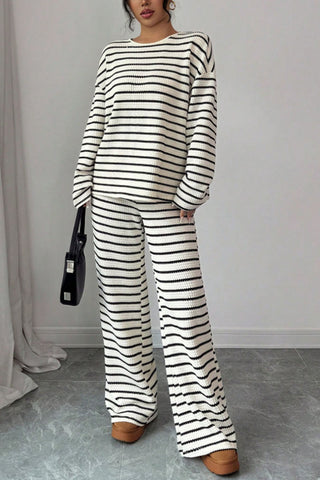 Striped Knit Crew Neck Pants Set