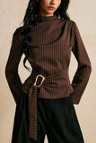 Striped Mock Neck Belted Blouse