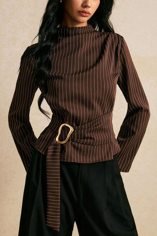 Striped Mock Neck Belted Blouse