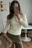Ribbed Knit Frog Button Mock Neck Blouse