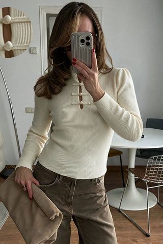 Ribbed Knit Frog Button Mock Neck Blouse