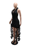 Ruched Halter Ruffle High-Low Casual Dress