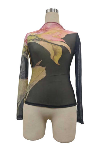 Floral Sheer Mesh Mock Neck Top