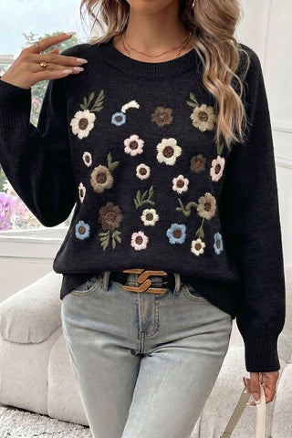 Floral Applique Crew Neck Sweater