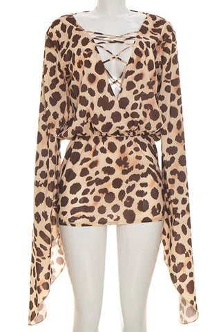 Lace-Up V-Neck Leopard Mini Dress