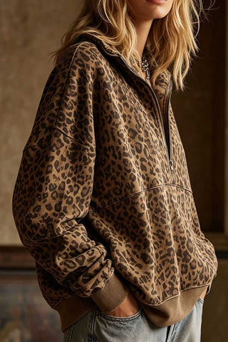 Leopard Print Half-Zip Pullover Sweatshirt