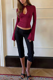 Lace Trim Keyhole Bell Sleeve Blouse