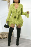 Fringe Trim V-Neck Knit Skirt Set