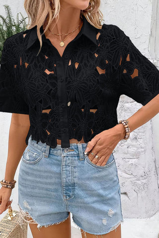 Floral Cutout Crochet Button-Front Shirt