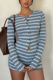 Striped Button-Front Long Sleeve Short Set
