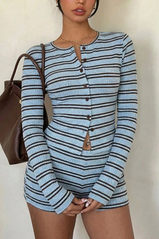 Striped Button-Front Long Sleeve Short Set