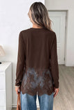 Sheer Lace Hem Long Sleeve Crew Neck Top