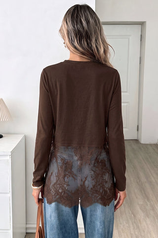 Sheer Lace Hem Long Sleeve Crew Neck Top