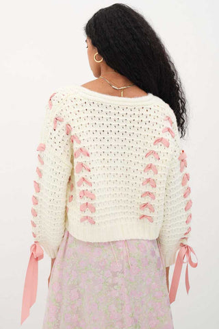 Bow Detail V-Neck Puff Sleeve Cardigan