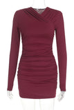 Ruched Cowl Neck Long Sleeve Mini Dress
