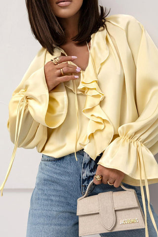 Ruffle V-Neck Tie Sleeve Satin Blouse