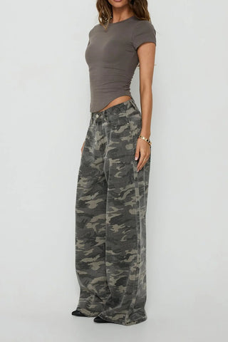 Camouflage Print Wide-Leg Straight Jeans