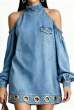 Cold Shoulder Mock Neck Grommet Denim Dress
