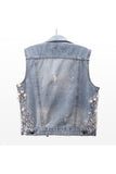 Floral Beaded Collared Denim Vest