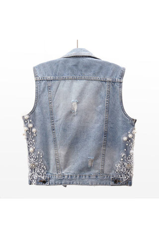 Floral Beaded Collared Denim Vest