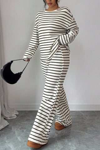 Striped Knit Crew Neck Pants Set