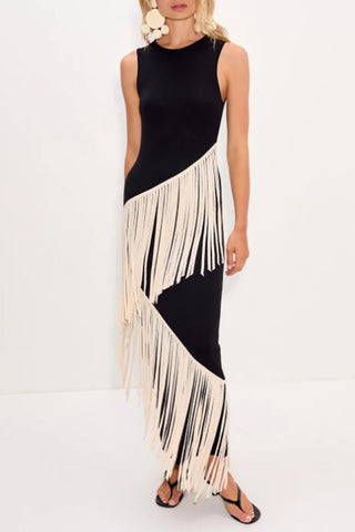 Fringe Asymmetric Sleeveless Midi Dress