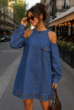 Cold Shoulder Mock Neck Grommet Denim Dress
