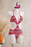 Striped Ring Cutout Halter Swimsuit