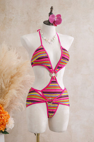 Striped Ring Cutout Halter Swimsuit