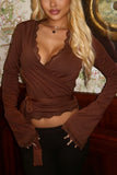 Lace Trim Wrap V-Neck Bell Sleeve Blouse