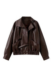 Notched Collar Smocked Waist Faux Leather Jacket