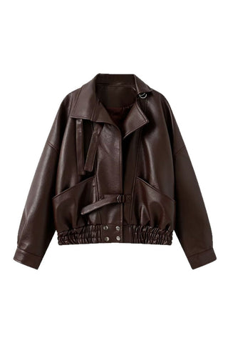 Notched Collar Smocked Waist Faux Leather Jacket